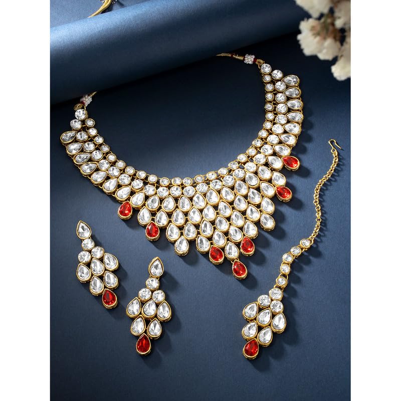 Aheli Exquisite Wedding Party Wear Faux Stone Studded Necklace with Maang Tikka Indian Ethnic Traditional Bharatanatyam jewellery set Gift for Women - Image 2
